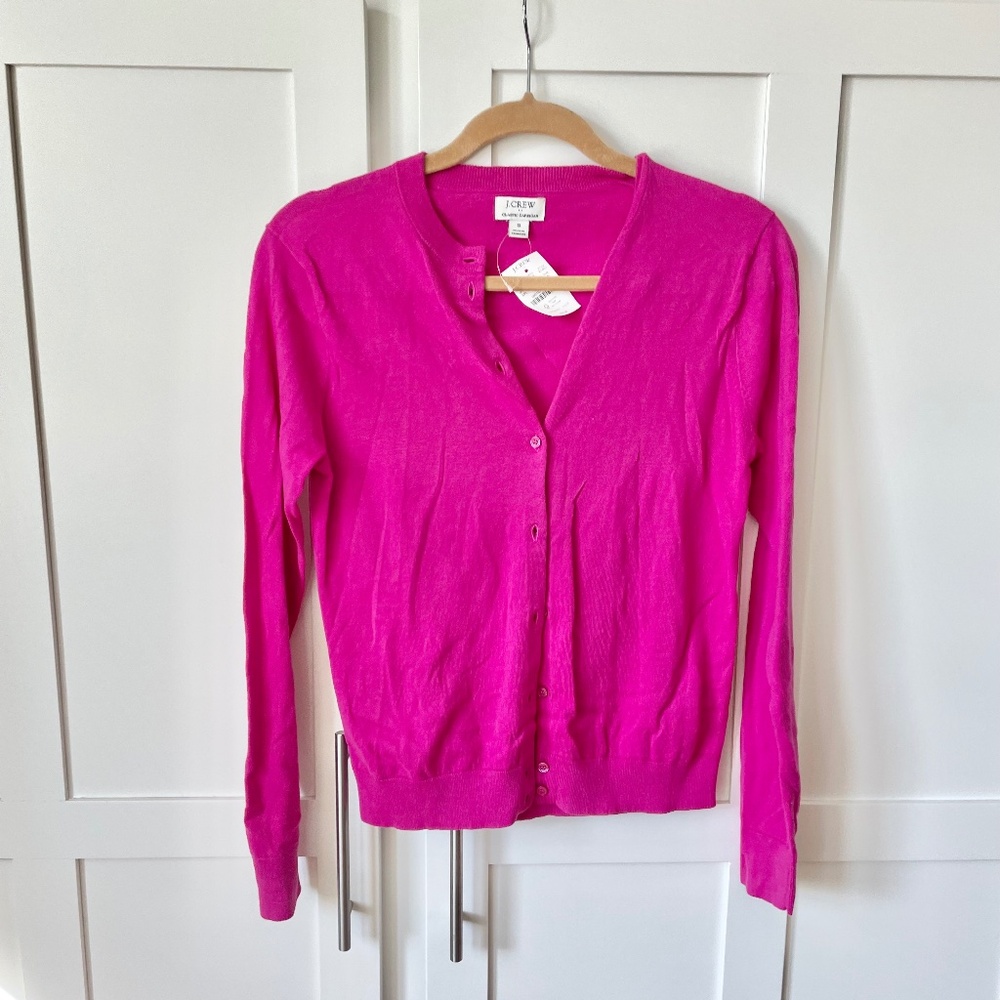 J CREW Classic Hot Barbie Pink Button Up Cotton Cardigan Sweater Small